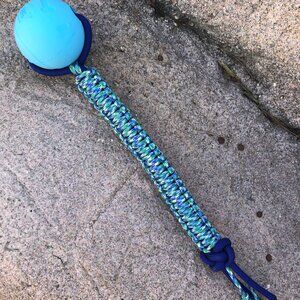 Dog Training Ball w/ Blue Paracord Handle Fetch & Reward Toy 2.5" Ball 12" Rope